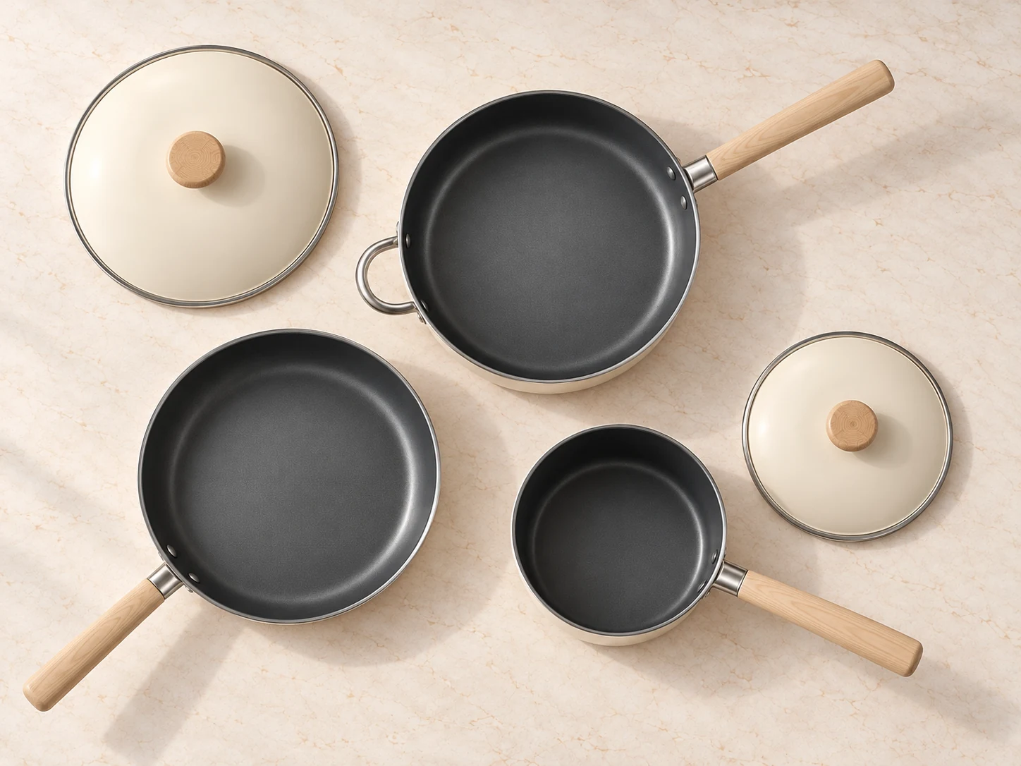 Overhead view of three ivory pans and two separate matching lids, all handles visible