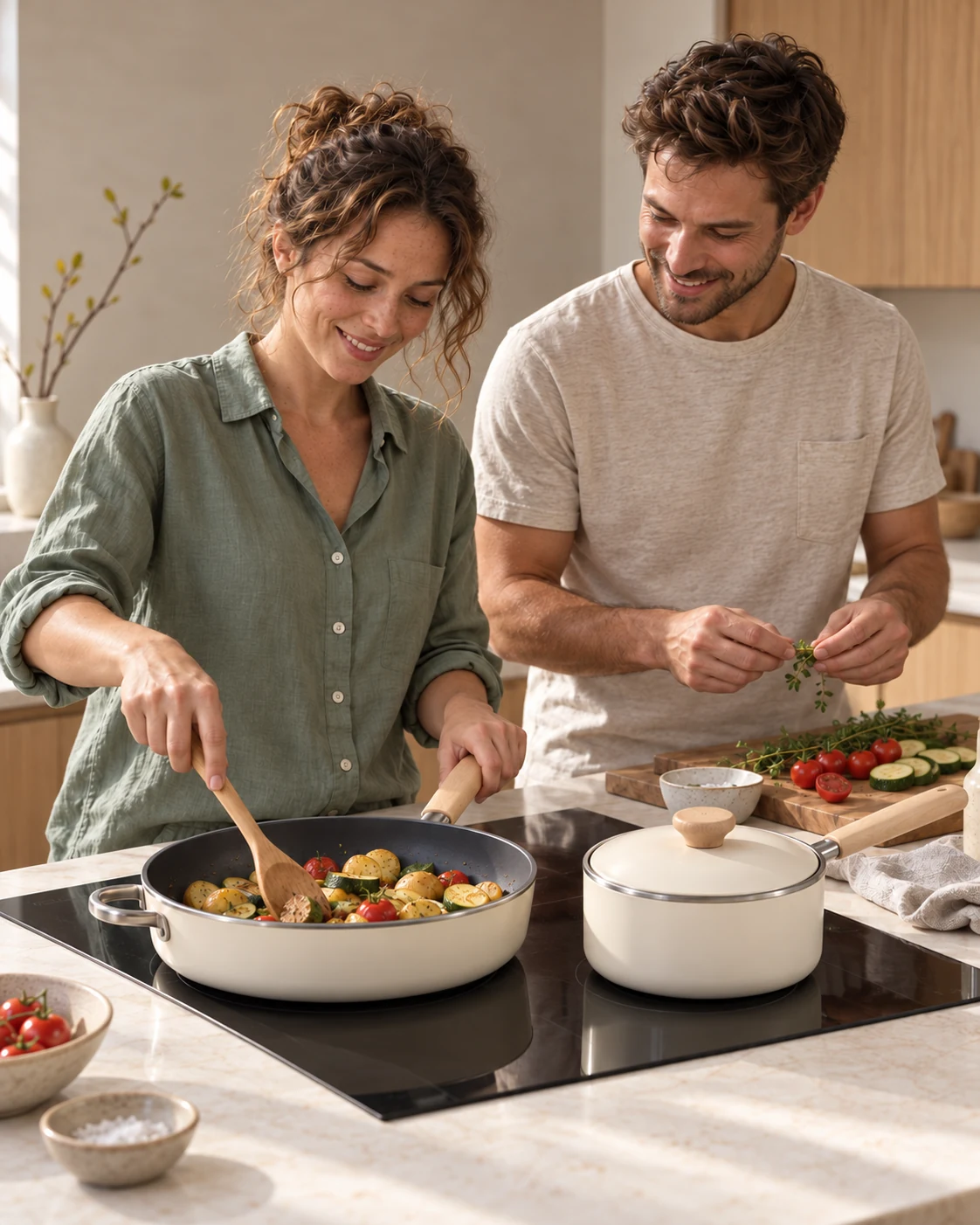 A couple cooking together, stirring vegetables in the ivory sauté pan beside the matching saucepan