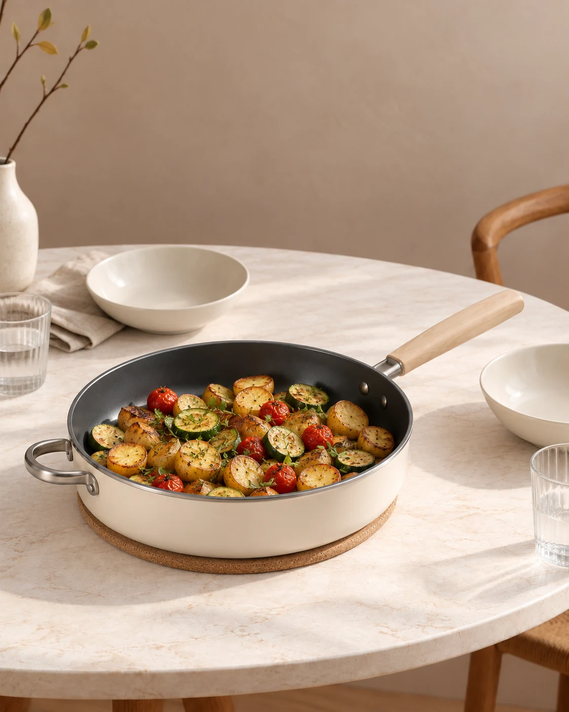 Roasted potatoes, tomatoes and courgette served in the ivory sauté pan on a pale stone table