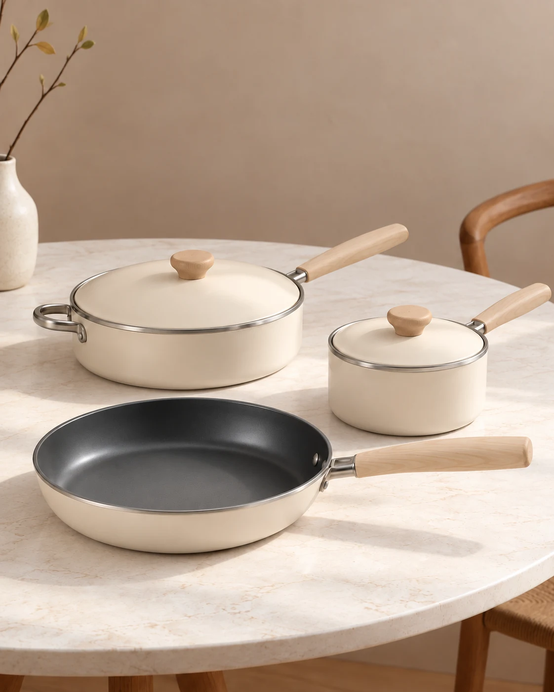 The Ivory Everyday Set: frying pan, covered sauté pan and covered saucepan with pale wood handles