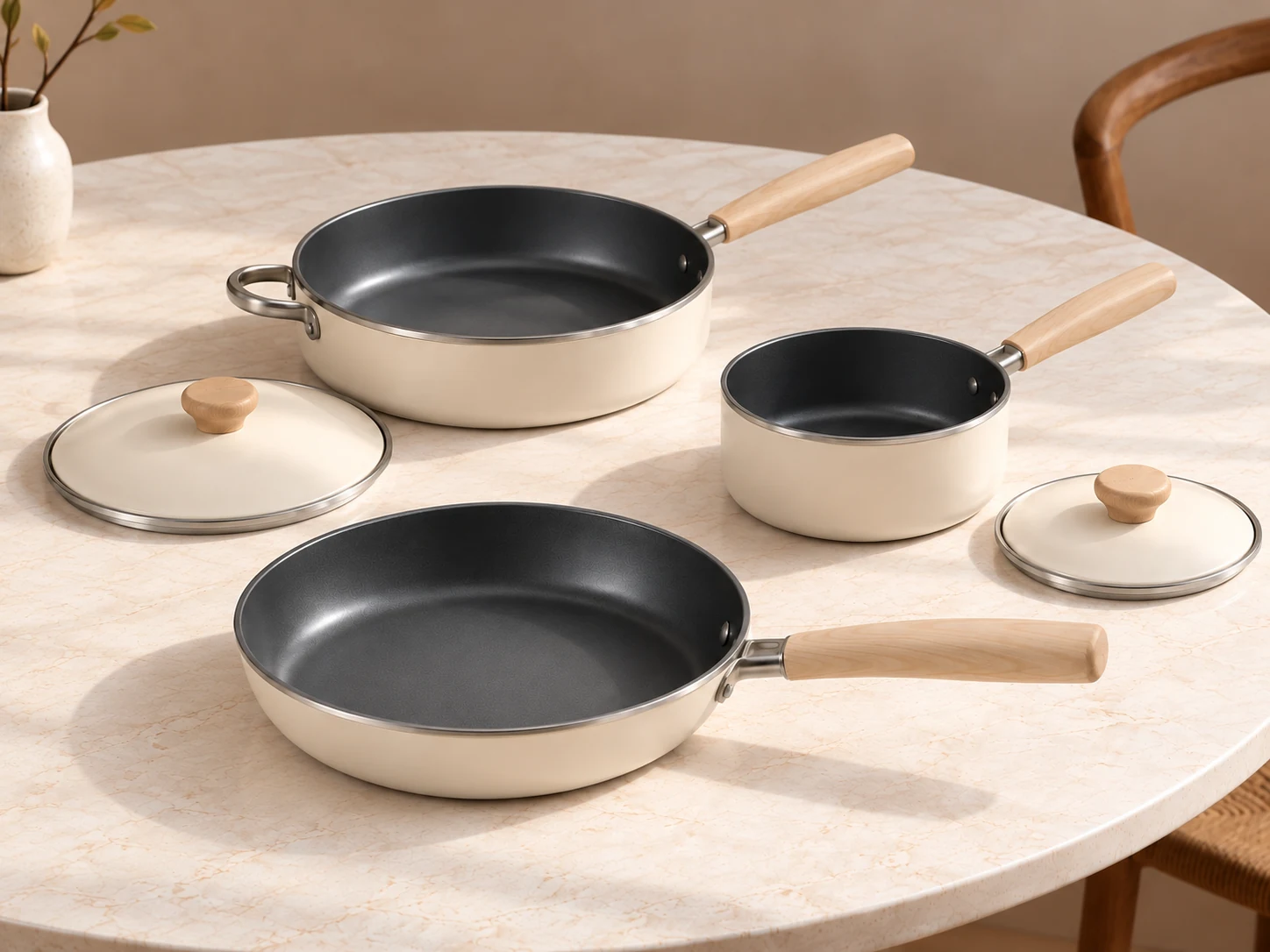 All three ivory pans and their two matching lids arranged separately on a stone table
